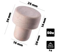 Bouchons synthétiques pour bouteilles - Bouchons en liège synthétique pour bouteilles de vin, forme champignon, 16 mm - Plastique - Réutilisables - Conformes aux normes alimentaires - 50 pièces - Marr