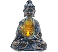 Bouddha de jardin avec lumières LED de lotus, statue zen en résine, décoration cour, terrasse, rebord de fenêtre Label