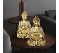 Bouddha figure décorative assis Asie sculpture résine synthétique or feng shui décoration ensemble de 2, Boltze 2021250
