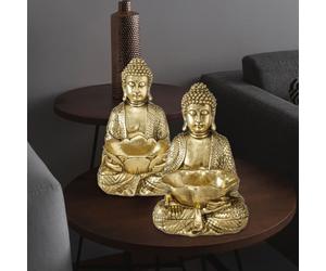 Bouddha figure décorative assis Asie sculpture résine synthétique or feng shui décoration ensemble de 2, Boltze 2021250