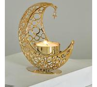Bougeoir en métal en forme de croissant de lune avec étoile - Photophore en métal pour décorations du Ramadan, décoration bohème en forme de lune et d'étoile pour chambre à coucher, salon, centre de