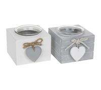 Bougeoirs à thé de style Provence / shabby chic / bois avec cœurs ..., Verre, gris