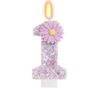 Bougie 1 An Anniversaire Fille Violet avec Paillettes et Fleur Marguerite 3D, Bougie Chiffre 1 pour Gâteau, Décoration Gâteau Premier Anniversaire Bébé, Décoration Fête Bébé, Cadeau Fille Un An