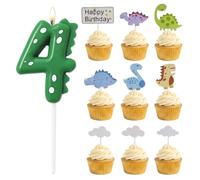 Bougie 4 Ans Dinosaure, Kit Décoration Anniversaire avec Bougie Chiffre 4 et Déco Gâteau Dinosaure pour Enfant, Accessoires de Fête Thématique Préhistorique, Vert