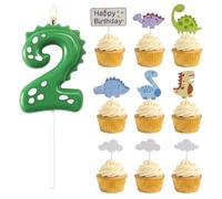 Bougie Anniversaire 2 Ans Dinosaure, Décoration de Gâteau Dinosaure pour Garçon et Fille, Kit Déco Gâteau Thème Dinosaure avec Bougie Chiffre 2 Verte pour Fête d'Anniversaire Enfant