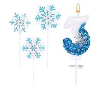 Bougie Anniversaire 3 Ans, 4 Pièces Ensemble de Bougies Chiffre 3 d'anniversaire à Paillettes Bleu Blanc avec 3 Décorations Flocons de Neige pour Gâteau d'anniversaire