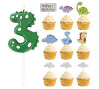 Bougie Anniversaire 3 Ans Dinosaure, Kit Décoration Gâteau avec Bougie Chiffre 3 et Figurines Dino, Déco Anniversaire Thème Dinosaure pour Fête Enfant Garçon et Fille - Vert