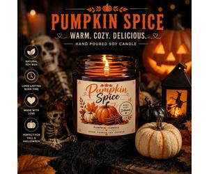 Bougie artisanale en cire de soja à la citrouille épicée, pot marron à feuilles d'automne, bougie parfumée pour décoration intérieure chaleureuse, bougie à la citrouille épicée avec imprimé vintage de