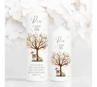Bougie Baptême personnalisée Fille Garçon motif Arbre, Faon et Lapin - Cierge Baptême avec prénom, date et message - 1 cierge + 1 bougie parrain/marraine - Cadeau parrain marraine - 25 x 7cm