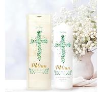 Bougie Baptême personnalisée Fille Garçon motif Croix florale verte - Cierge Baptême avec prénom, date et message - Bougie imprimée - cierge personnalisé - 25 x 7 cm