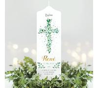 Bougie Baptême personnalisée Fille Garçon motif Croix florale verte - Cierge Baptême avec prénom et date - Cierge de parrainage - Bougie imprimée - Cadeau parrain marraine - 18 x 7 cm