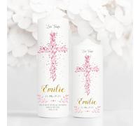 Bougie Baptême personnalisée Fille motif Croix florale rose - 1 cierge de baptême + 1 bougie parrain/marraine - Cadeau parrain marraine - 25 x 7 cm