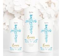 Bougie Baptême personnalisée Garçon motif Croix florale bleue - Cierge Baptême avec prénom, date et message - Cierge de parrainage - Bougie imprimée - Cadeau parrain marraine - 25 x 7 cm