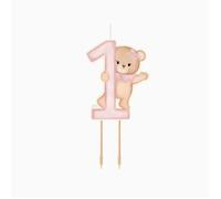 BOUGIE CHIFFRE 1 CIRE BÉBÉ OURSON N?'UD 7CM ROSE