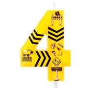 Bougie d'Anniversaire de Construction, Rayures Noires Bougie Numérotée pour Gâteau d'Anniversaire Thème Construction Jaune Décoration Gâteau pour Garçons et Filles (Numéro 4)