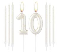 Bougie d'anniversaire en or blanc « Happy 10th Birthday », Bougie numéro 10 en or pour gâteau d'anniversaire, Décoration de gâteau d'anniversaire en or blanc pour garçons et filles, fournitures pour