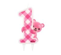 Bougie d'anniversaire Jumbo chiffre 1 anniversaire rose avec ours