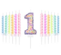 Bougie d'anniversaire Lila Makaron pour le 1er anniversaire avec ensemble de 12 bougies spirales pastel, décorations d'anniversaire pour fille, bougies iridescentes Makaron numéro 1 pour gâteau