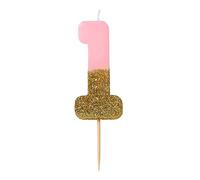 Bougie d'anniversaire numéro 1 rose avec paillettes dorées | Décoration de gâteau de qualité supérieure | Jolie, scintillante pour enfants, adultes, 1er, 18e, 21e fête, anniversaire, âge jalon