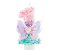 Bougie d'anniversaire numéro 1 scintillante avec papillon,3.35 inch bougie à paillettes rose et violet pour gâteau, décoration pour 1ème anniversaire, fête de fille, baby shower, anniversaire enfant
