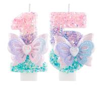 Bougie d'anniversaire numéro 15 scintillante avec papillon,3.35 inch bougie à paillettes rose et violet pour gâteau, décoration pour 15ème anniversaire, fête de fille, baby shower, anniversaire enfant
