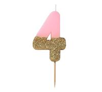 Bougie d'anniversaire numéro 4 rose avec paillettes dorées | Décoration de gâteau de qualité supérieure | Jolie, scintillante pour enfants, adultes, 4e, 40e fête, anniversaire, âge jalon