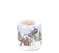 Bougie de Noël Lift au chalet de ski comme décoration de table - Petite bougie ronde pour la table dressée - Diamètre : 7,5 x 9 cm