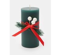 Bougie de Noël verte décorative Ø 7 × 14 cm - avec nœud rouge, baies blanches et pin - Bougie cylindrique 350 g pour décoration maison et table de Noël