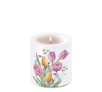 Bougie de printemps tulipes dans des couleurs délicates comme décoration de table. Bougie ronde à motif petite pour la table dressée Ø 7,5 x 9 cm