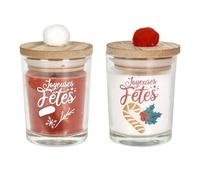Bougie - HOME DECO FACTORY - Un Noël Tradi - Pompons - Couvercles en bois - Blanc et Rouge