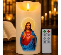 Bougie LED, Bougies de Prièrs Sans Flamme Electrique de Sacré Cœur Jésus | Saint Lampe à Piles avec Télécommande, Bougie Religieuse de Noël de l' Église pour Déco Intérieure Festive
