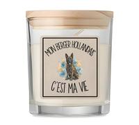 Bougie Mon Berger Hollandais c'est ma vie | Bougie Parfumée en Verre avec Couvercle Bois | Idée Cadeau Propriétaire Chien Homme Femme Anniversaire Noël | Imprimée en Bretagne