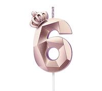 Bougie numéro 6, grande bougie d'anniversaire de 7.6 cm avec couronne 3D exquise conçue pour décorations de gâteau pour anniversaire de mariage, réunions d'anniversaire, décoration de fête (Rose-6)