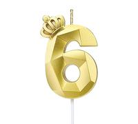Bougie numéro 6, grande bougie d'anniversaire de 7,6 cm avec couronne 3D exquise conçue pour décorations de gâteau pour anniversaire de mariage,réunions d'anniversaire (Or-6)