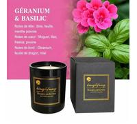 Bougie Parfumée - Parfum Géranium & Basilic - Cire De Soja Végétale Naturelle - Maison Décoration Intérieure, Cadeau - 30-45h