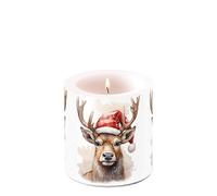 Bougie pilier en paraffine 7,5 x 9 cm avec motif cerf et bonnet de Noël - Durée de combustion de 35 h et neutre au parfum - Bougie de table - Bougie cylindrique - Décoration de Noël d'hiver - Bougie