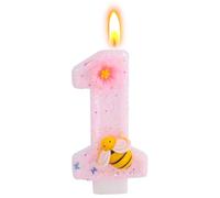 Bougie pour 1er Anniversaire, Bougie Chiffre Abeille Rose Brillante avec Fleur Jolie Décoration de Gâteau pour Un Anniversaire de Femme Ou Fille