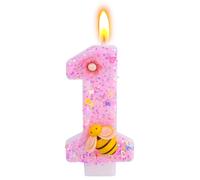 Bougie Rose-Violette pour le 1er Anniversaire, Adorable Bougie Chiffre Décorée d'Abeilles et de Fleurs pour la Décoration de Gâteau du 1er Anniversaire d'Une Petite Fille