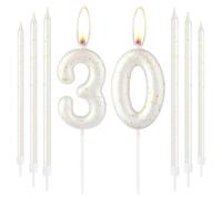 Bougies blanches en or pour 30e anniversaire, décorations de gâteau numéro 30 pour femmes et hommes, décorations d'anniversaire, fournitures pour mariage et anniversaire