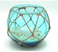 Bougies chauffe-plat décoratives maritimes en verre / sable / coquillages - Hauteur : 10 cm - Diamètre : 13 cm - Bleu mer Sea-Club