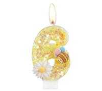 Bougies d'anniversaire en forme de fleur en forme de chiffre 6 avec abeille pour décoration de gâteau, bougies d'anniversaire pour filles, bougies d'anniversaire à paillettes jaunes pour décoration de