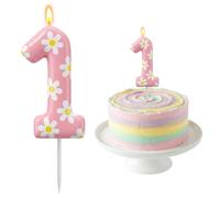Bougies d'anniversaire en forme de marguerite - Chiffres 1 - Décoration de | Bougie en forme de marguerite 1er anniversaire - Rose - Chiffre 1 - Avec motif floral - Décoration de gâteau d'anniversaire 1