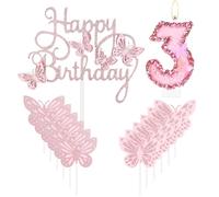 Bougies d'anniversaire en forme de papillon pour 3e anniversaire - Bougie rose en forme de chiffre 3 avec papillon - Décoration de gâteau pour 3e anniversaire - Jolie décoration de gâteau