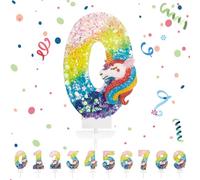 Bougies d'anniversaire Numéro 0,3D Arc-en-ciel Licorne Bougie Chiffre 0,Licorne Decoration Gateau Anniversaire,Bougies Gâteau Topper Decoration,Pour Les Enfants, Adultes