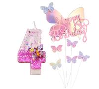 Bougies d'anniversaire Numéro 4, Papillon Decoration Gateau Anniversaire, 3D Rose Bougie Chiffre 4 avec 4 Gateau décor, Bougies Scintillantes Gâteau Topper Decoration pour Enfants Filles