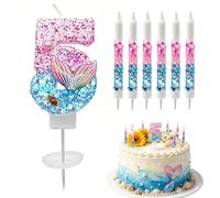 Bougies d'anniversaire Numéro 5,7PCS Bougie Anniversaire Sirène | Bougies Anniversaire 3D Bougie Chiffre 5 avec 6 Bougies Paillettes Violettes et Blu,Gâteau Topper Décoration Sirène pour Fête