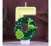 Bougies d'anniversaire numérotées de 0 à 9 et lettres, décoration de fête d'anniversaire thématique faite main, feuilles jaunes et vertes, mini dinosaures, paillettes, peinture colorée. Bougies de gât
