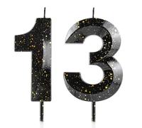 Bougies en forme de chiffre 13 pour 13e anniversaire - Bougie 3D noire et dorée - Cire de qualité supérieure et diamant 3D - Décoration de gâteau pour fête d'anniversaire, anniversaire de mariage
