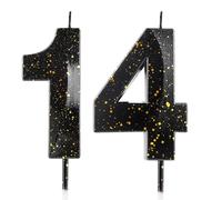 Bougies en forme de chiffre 14 pour 14e anniversaire - Bougie 3D noire et dorée - Cire de qualité supérieure et diamant 3D - Décoration de gâteau pour fête, anniversaire de mariage