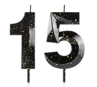 Bougies en forme de chiffre 15 pour 15e anniversaire - Bougie 3D noire et dorée - Cire de qualité supérieure et diamant 3D - Décoration de gâteau pour fête, anniversaire de mariage